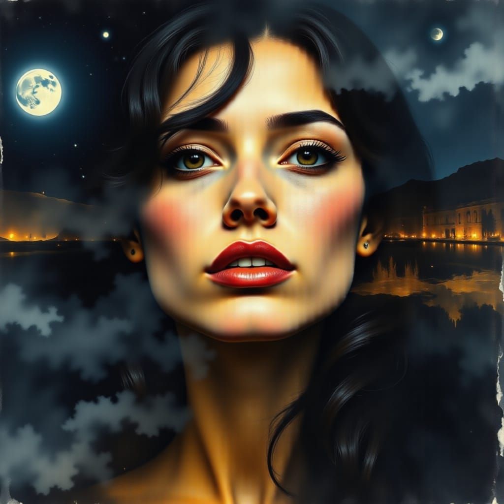 Spanish Port City Double Exposure with Femme Fatale