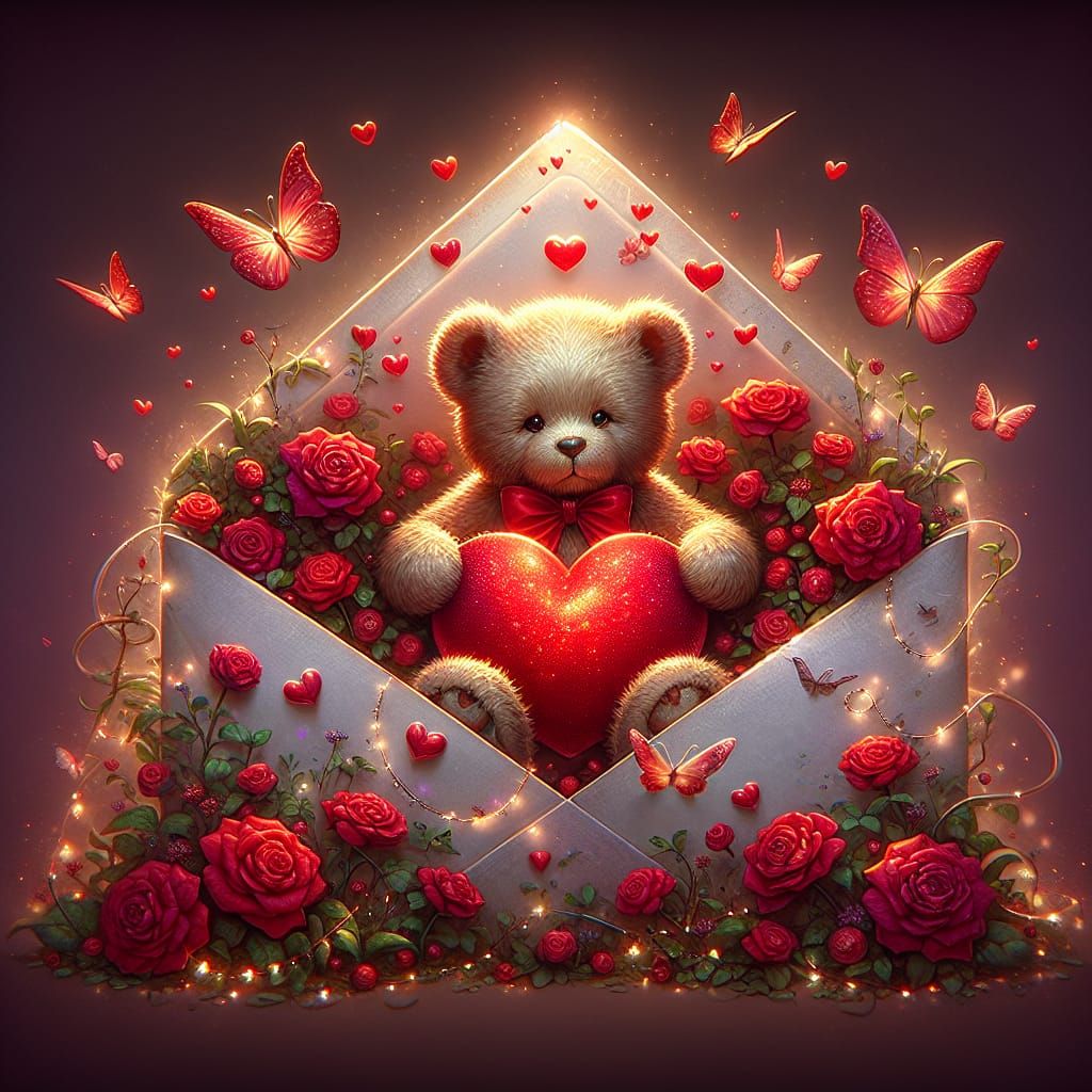 "Design a Valentine’s Day greeting card featuring an envelope adorned with glowing, floating hearts. ...  by @Alex