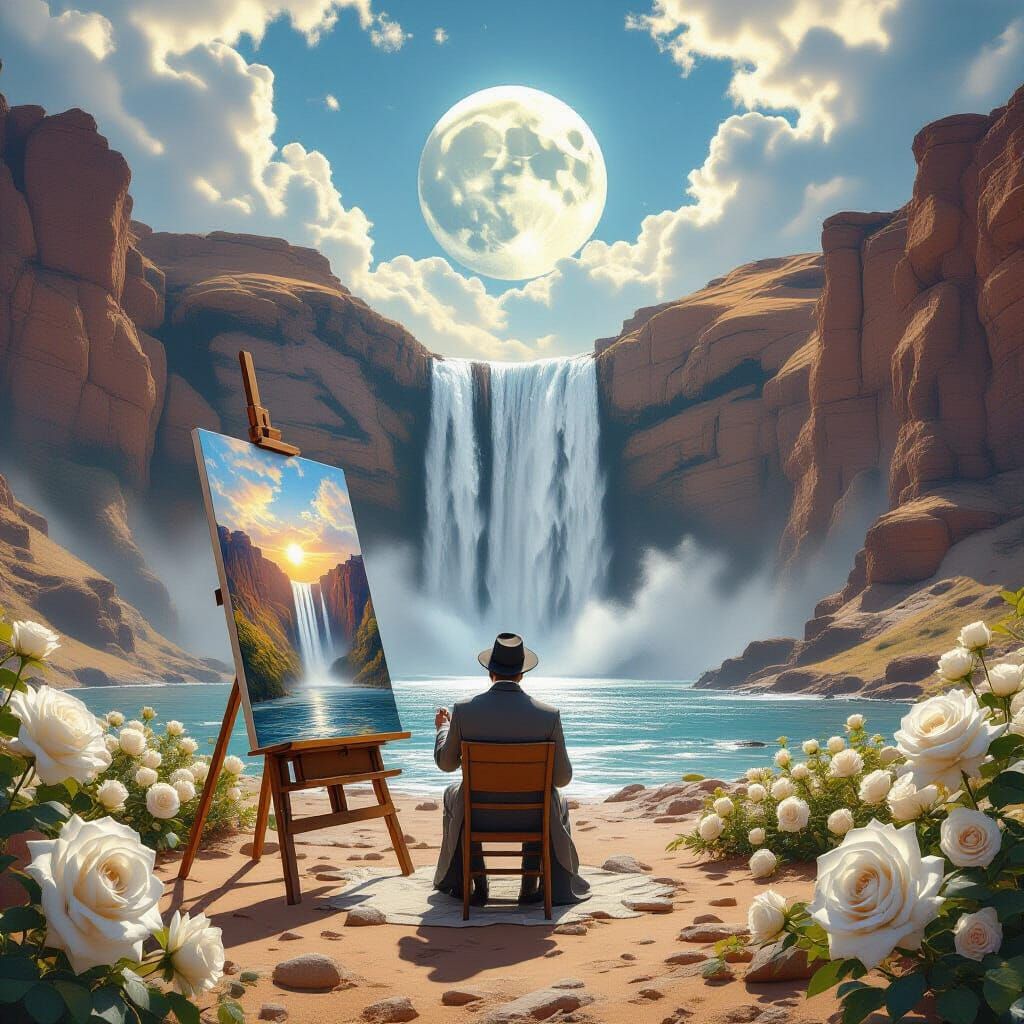 "Hyper-realistic fantasy scene, depicting a mystical stone desert. Between the rocks sits an artist with a large easel, painting a massive 8...