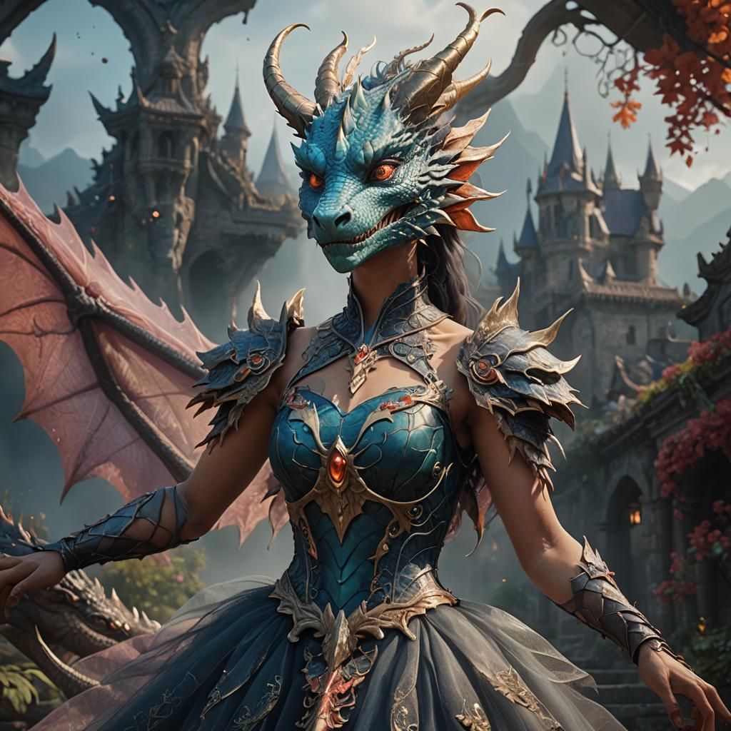 Anthropomophic Female Dragon Wearing a delicate Tulle dress