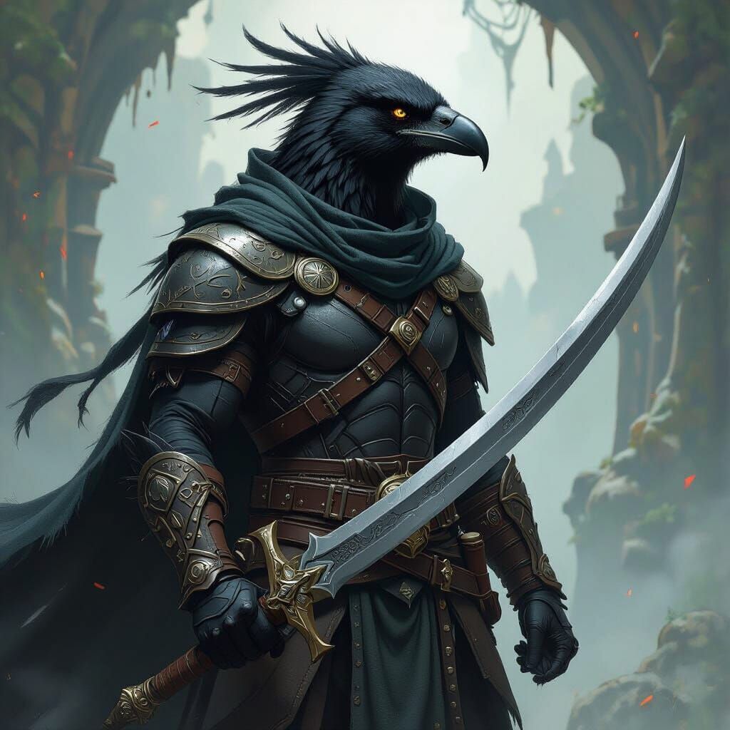 Detailed Raven Aarakocra Babarian in High Fantasy Style