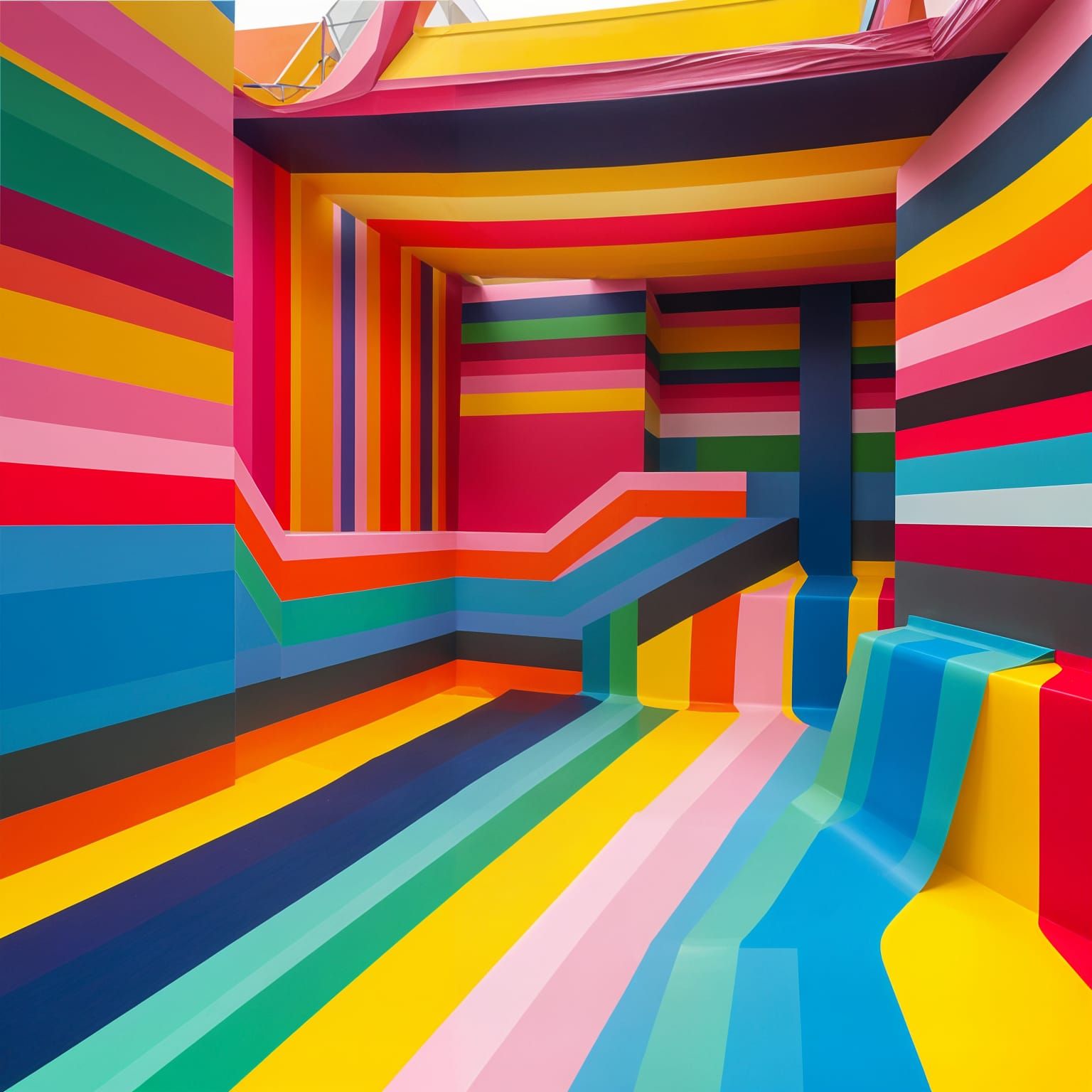 A surreal room designed entirely with layered colorful stripes and tapes  by @EHACKMANN 