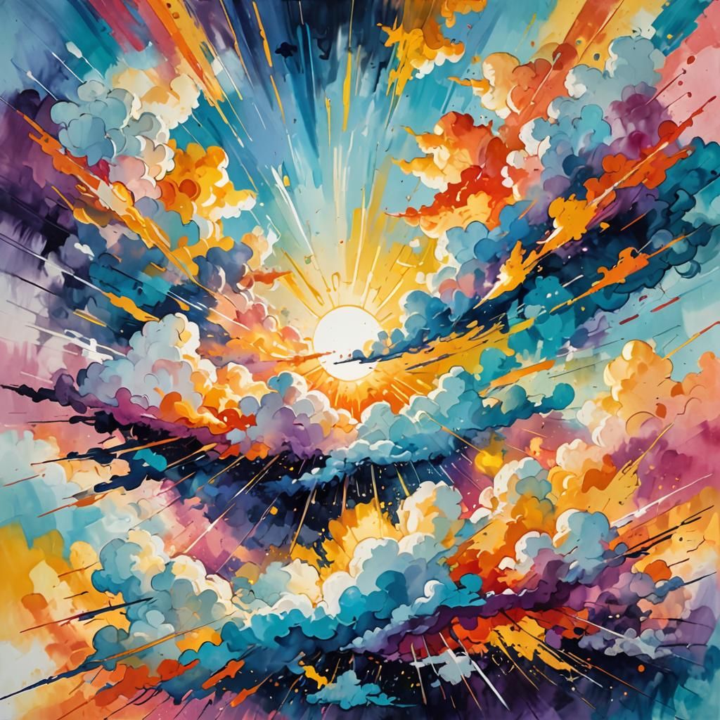 ink splatter art colorful clouds battling each others with sunrays  by @Brother Francis