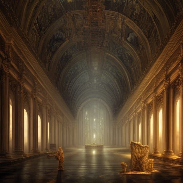 Interior of a magical liminal cathedral warehouse creepy pho...