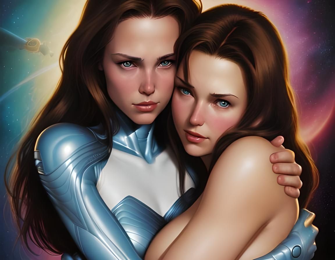 beauty brunette and white skinned alien lady hug