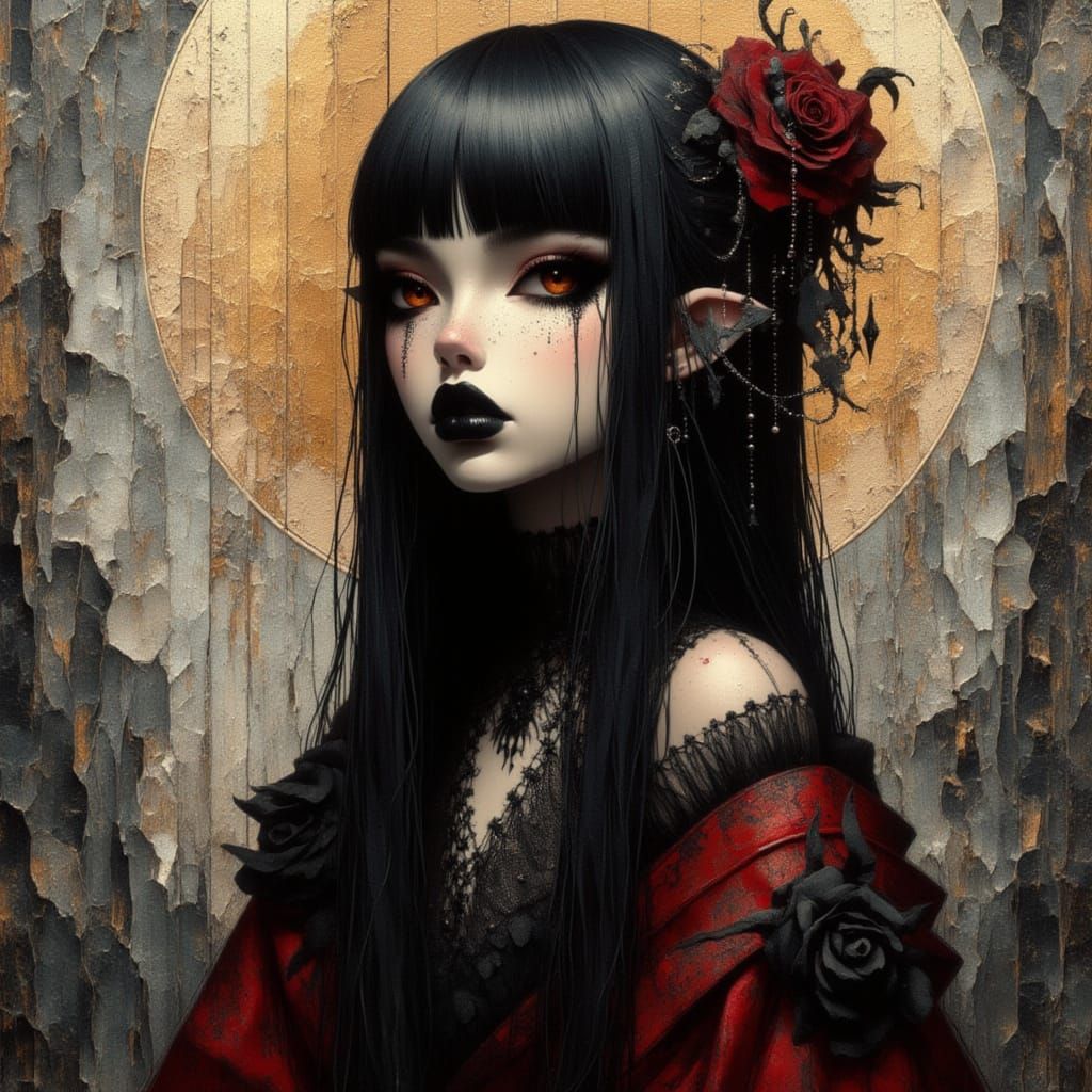 <lora:Goth Grunge Beauty:1.0> heavy extreme smudged oil impasto-style brushwork, An anime manga elegant gorgeous glamorous gothic grunge jap...