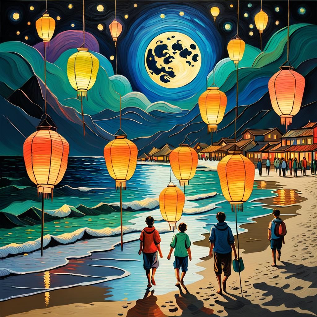 Lanterns festival with people on the beach. Full moon light ...