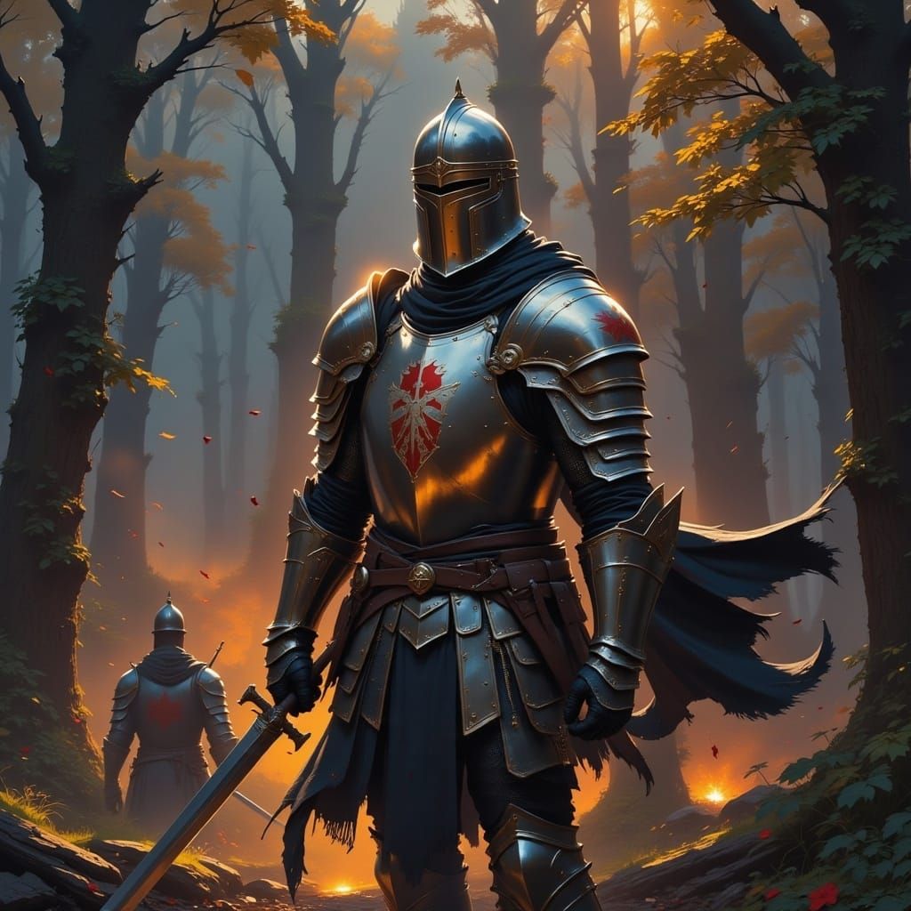  <lora:Chivalry Flux:1.0> A gallant knight, film noir, lens flare