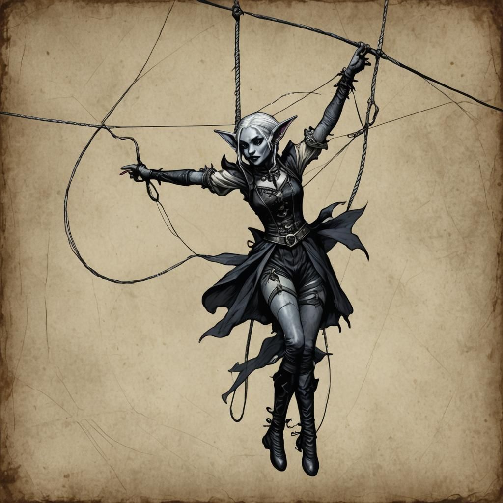Female drow elf circus performer on tight rope wire
