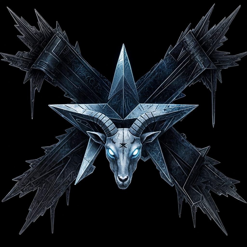 dark, rebellious digital art work with black blue and white color palette. the base scene shows two crossed abstract banners resembling tatt...