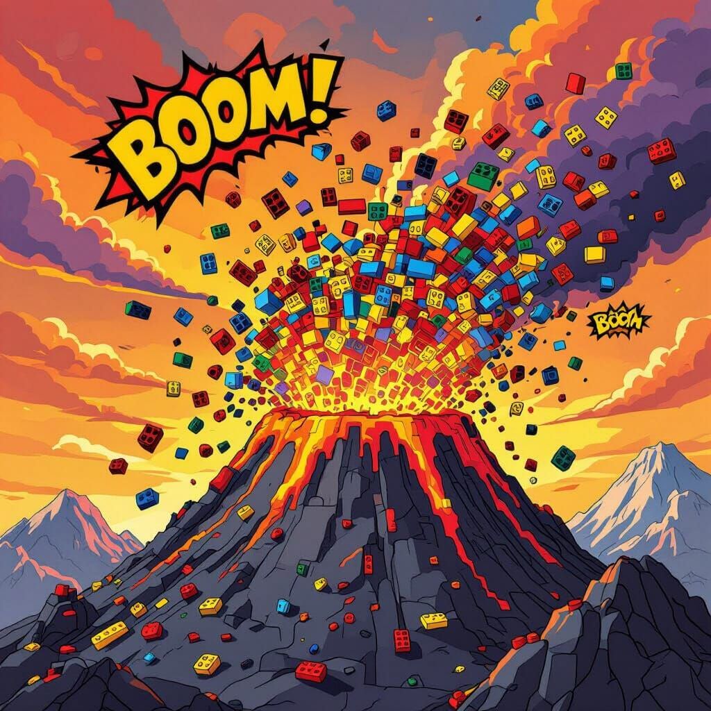 LEGO Volcano Eruption in Comic-Book Style