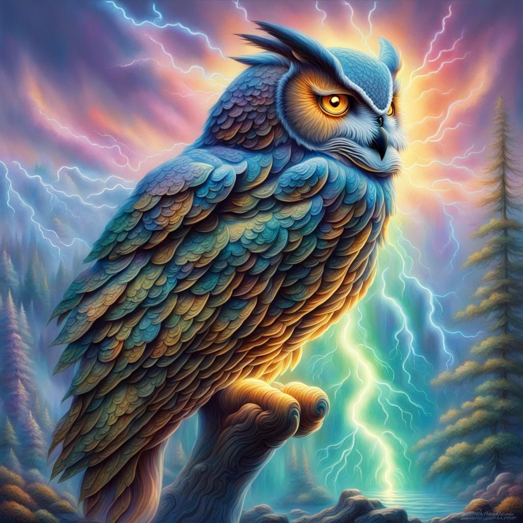 giant owl, lightning, shining, liquid, neon colors  by @pspangel