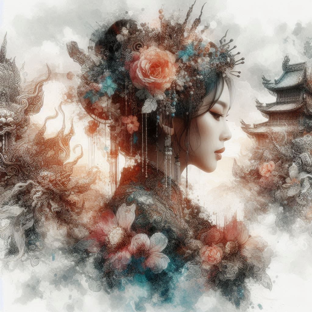 double exposure beautiful fantasy DALL-E 3 portrait landscape..