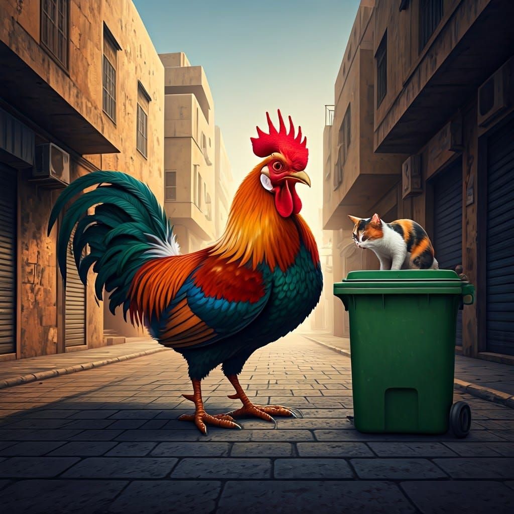 Rooster in Confident Strut, Tossing Cat into Vibrant Green T...
