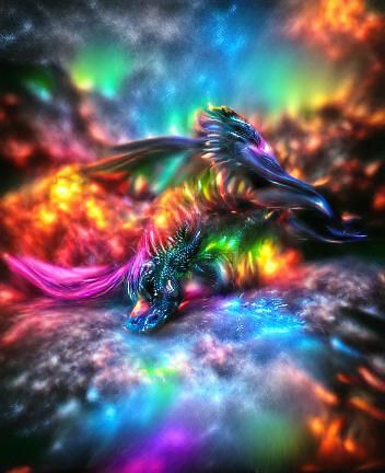 rainbow colored glowing dragon. dream colored nebula background. DeviantArt. 8K resolution. 8K 3D. VRay.