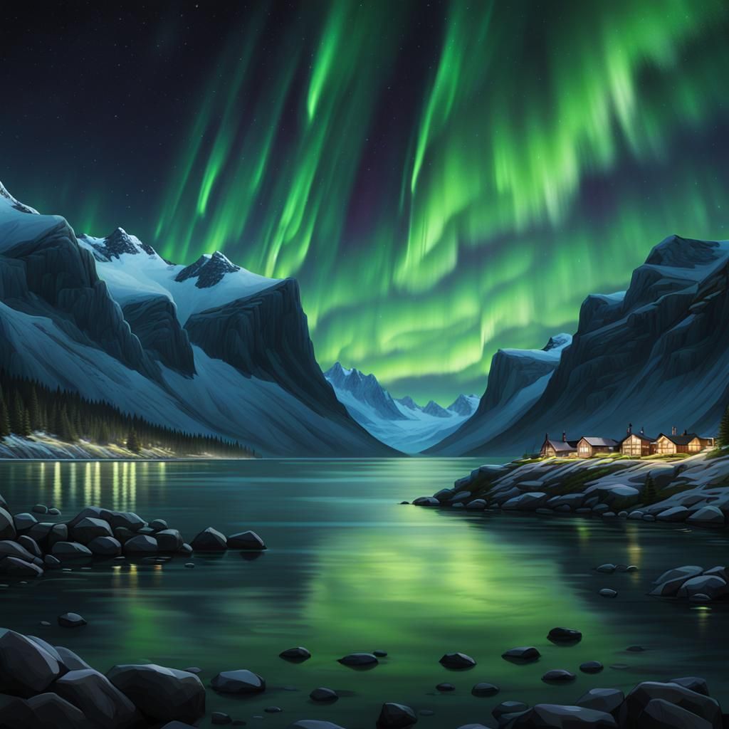  Northern lights over homes by a fjord  by @Isadora