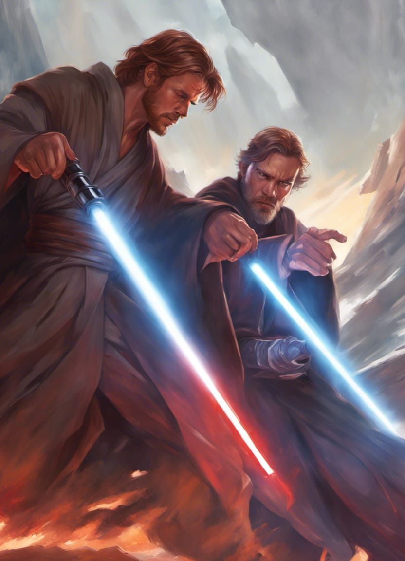 Star Wars Anakin Skywalker and Obi-Wan Kenobi in a light saber duel on ...