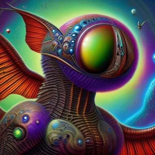 colorful confused-faced plump puffy mammal with an alien face and  wings, grooves, by greg craola simkins, Huge confused eyes. fairytale on...