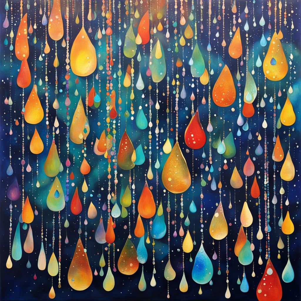 Iridescence clear teardrops falling though a star filled spa...