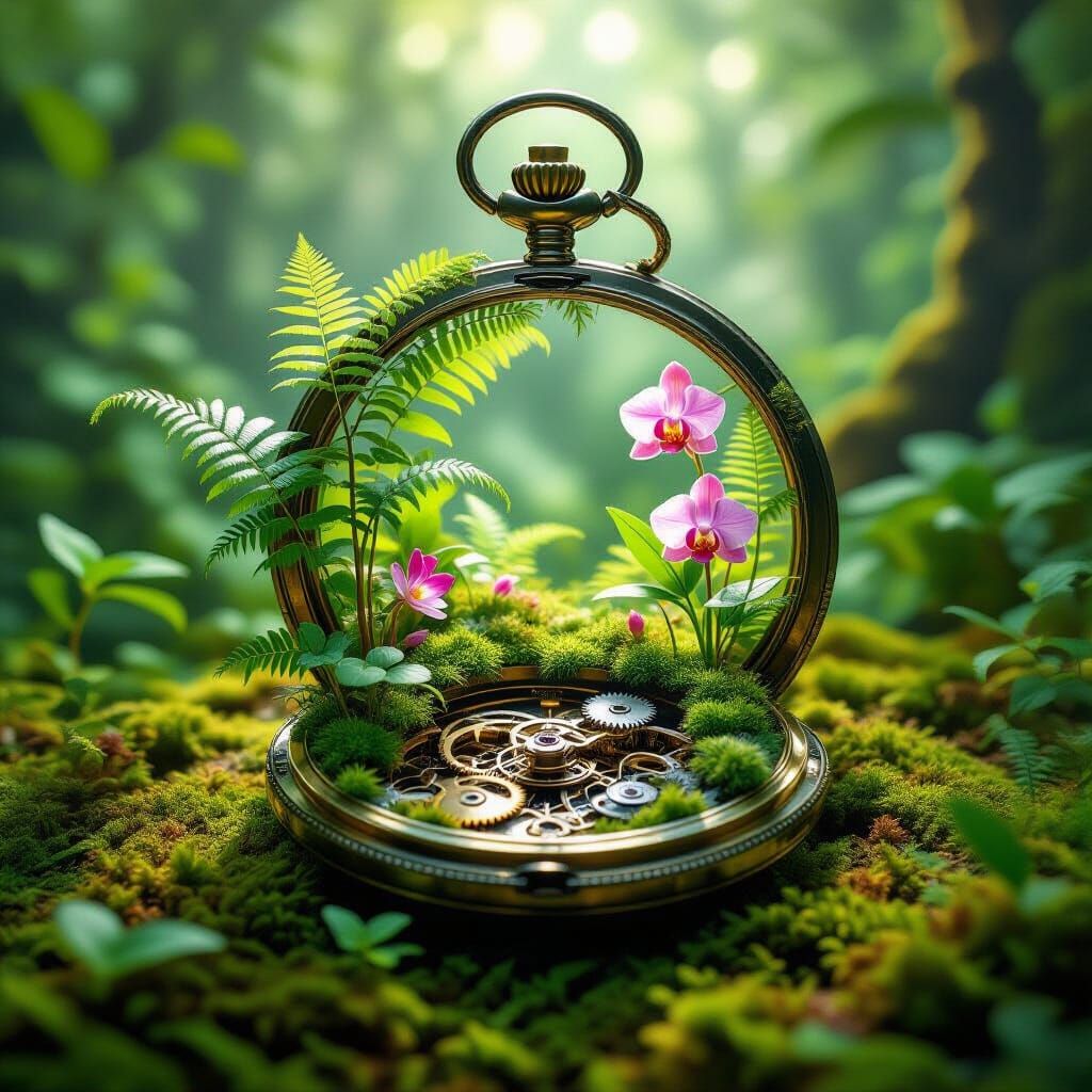imagine a lush, miniature jungle thriving inside a vintage pocket watch. Tiny ferns sprout from the gears, ...  by @Yossi Levi