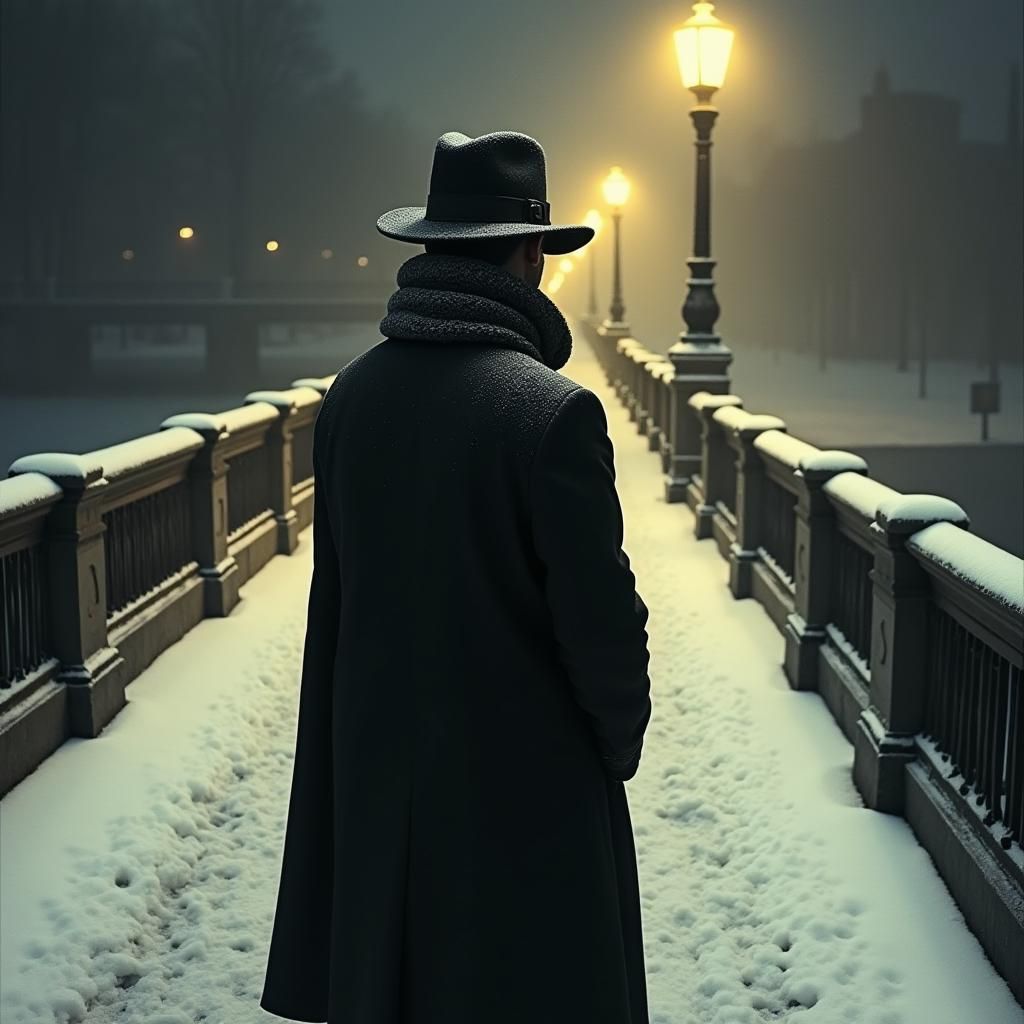 Photo realistic of a man standing on a snowy bridge under the light of a dim street lamp one winter night. The man is wearing dark clothing...