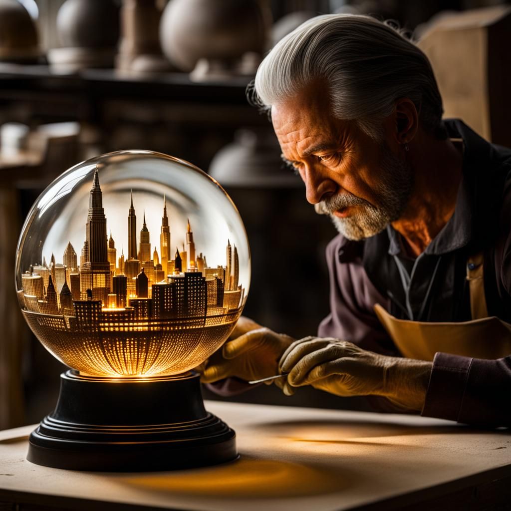Sculptor working on glass orb containing miniature city AI Generated