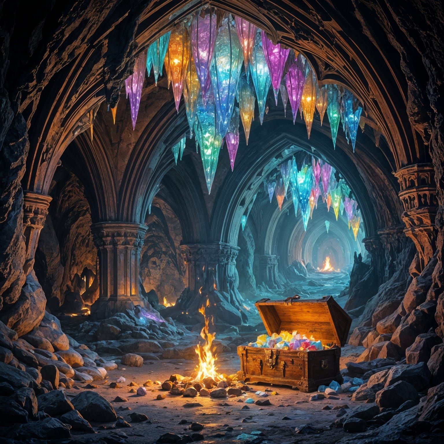 A cave with colorful stalactites in a Gothic style. There is a small campfire in the cave, and a chest containing precious colorful transpar...