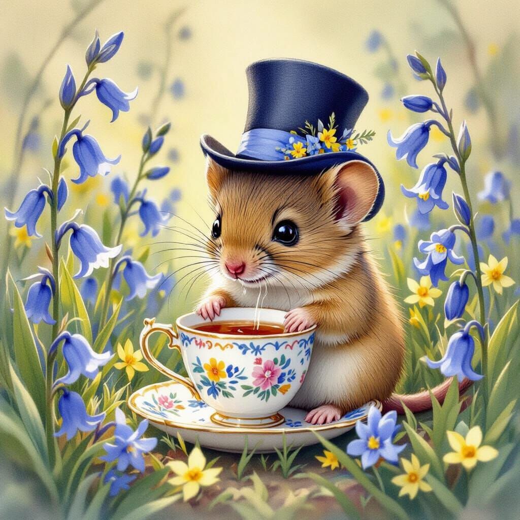 Watercolor painting. A tiny dormouse wearing a miniature top hat attends a tea party in a field of bluebells. ...  by @steve