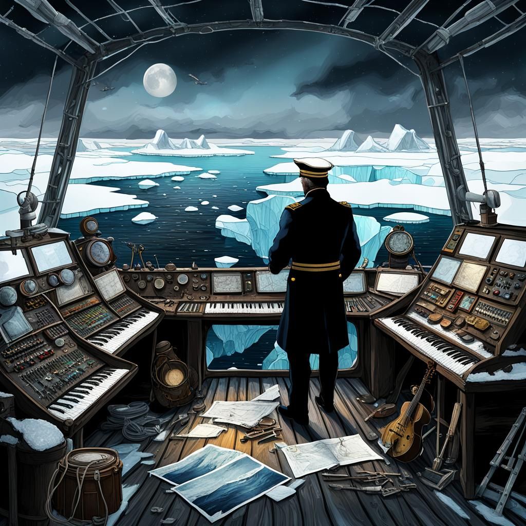 The captain on the bridge, surrounded by instruments, with a...