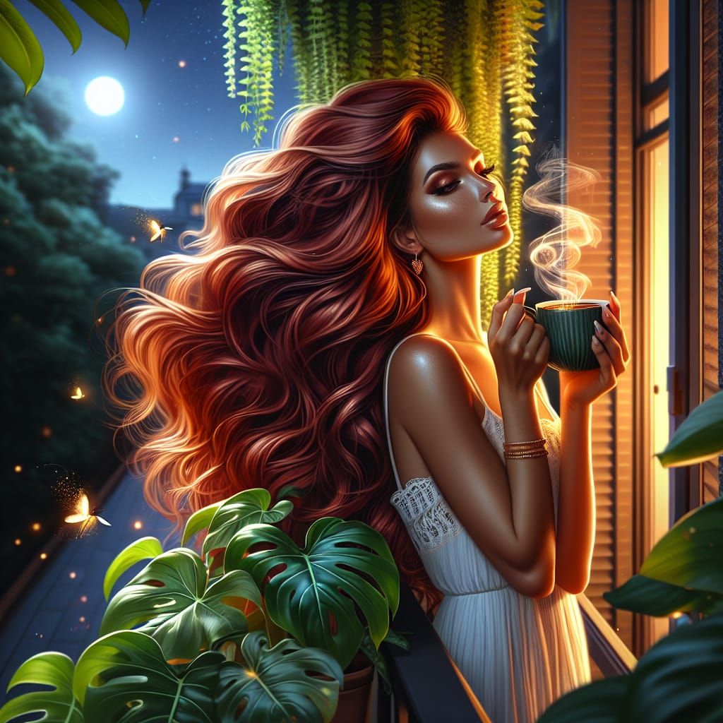 Lush Balcony Scene with Woman in Digital Matte Painting