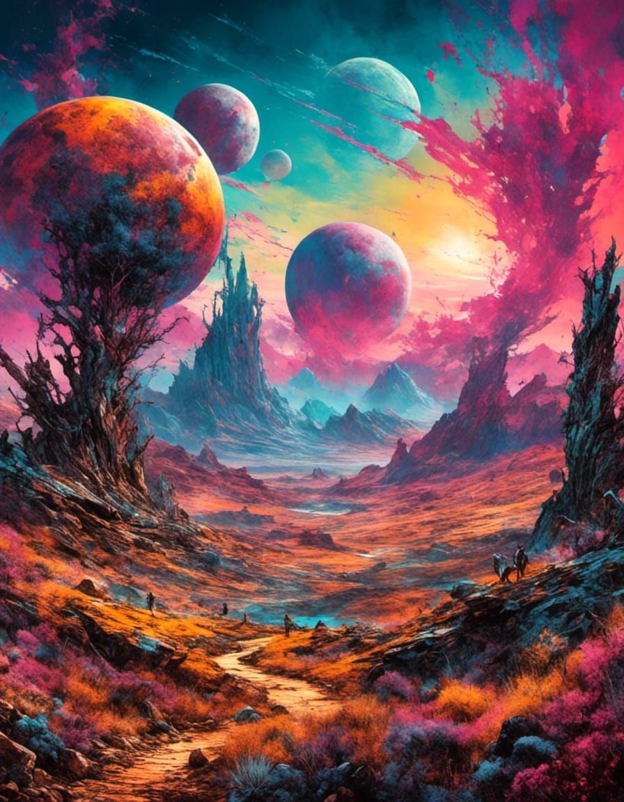 <lora:BL:1.0> 3 glorius suns surrounding a desolate alien landscape gorgeous watercolour_painting retro_wave in retrowave bright coloured sc...