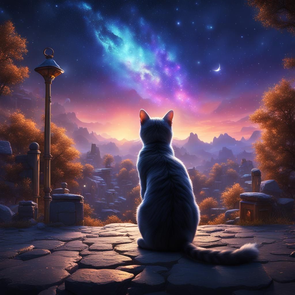 starry sky and lonely cat