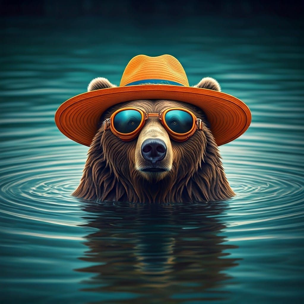 Bear Swims in Turquoise Pool with Beach Hat