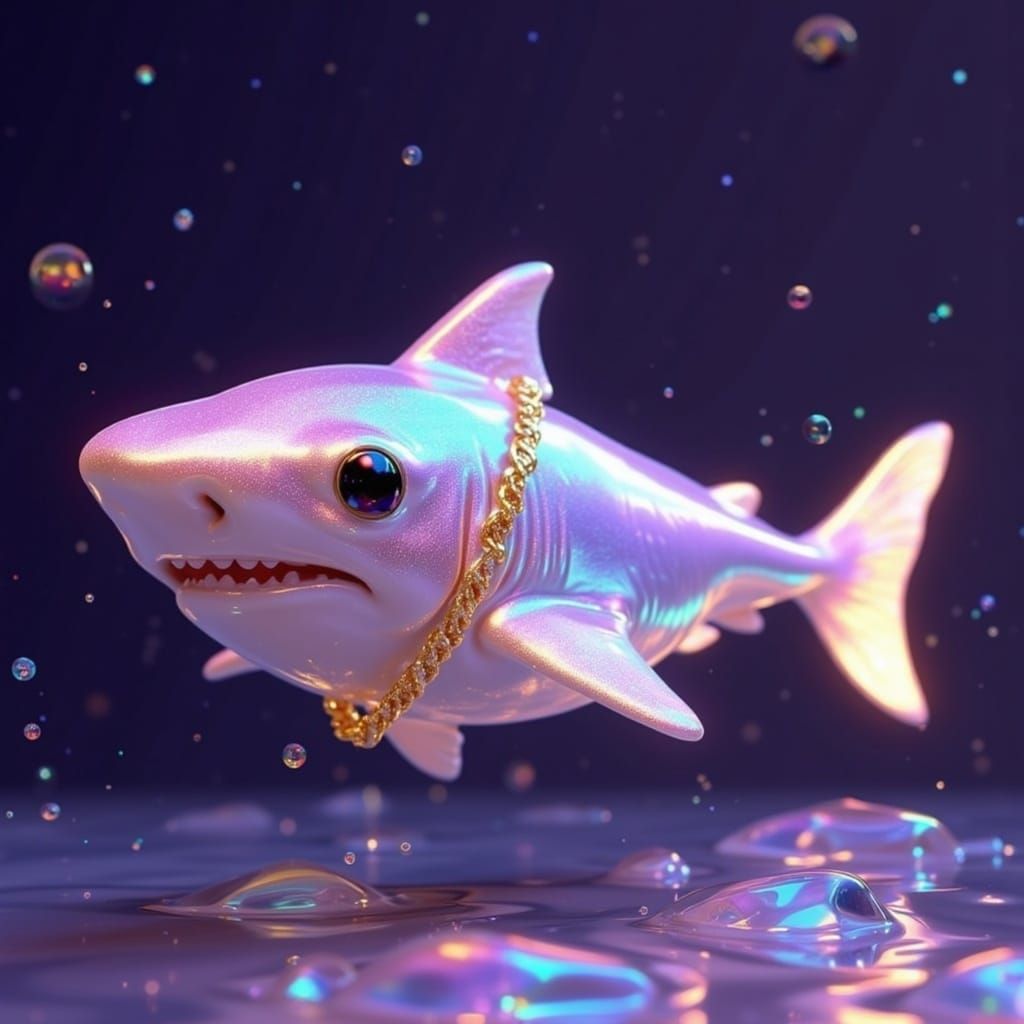 A holographic, shiny, clea transparent, <lora:irridescence:1.0>  chubby plastic cute  baby shark surrounded by sparkling treasures  and subm...