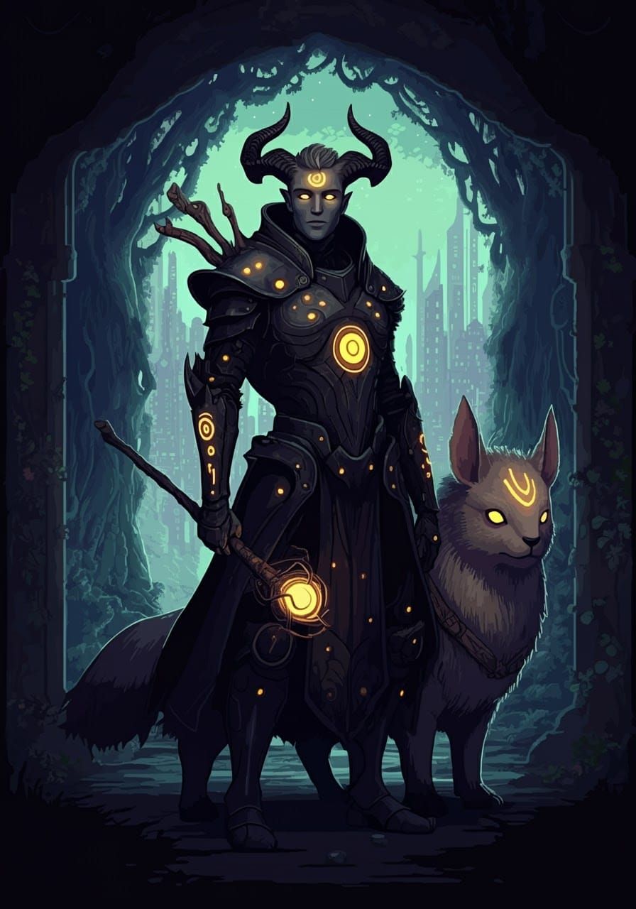 Fantasy Character in Medieval Cyberpunk Landscape