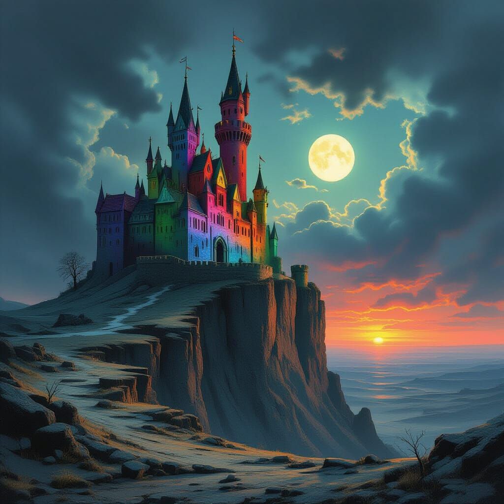 Haunted Rainbow Castle on Silent Cliff in Barren Wasteland