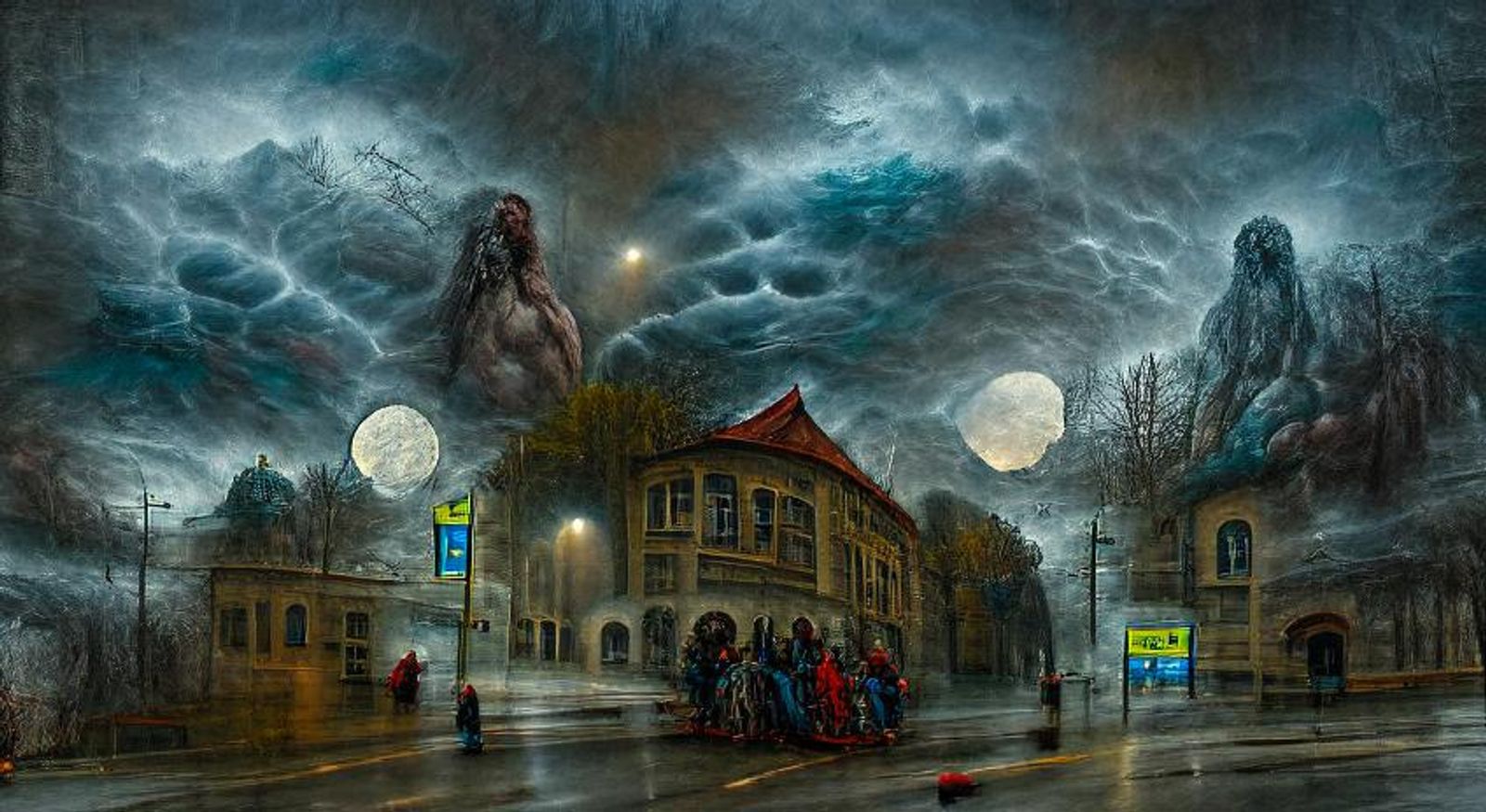 Rainy, full moon, city streets, moody lighting, foggy, aloneness, sad