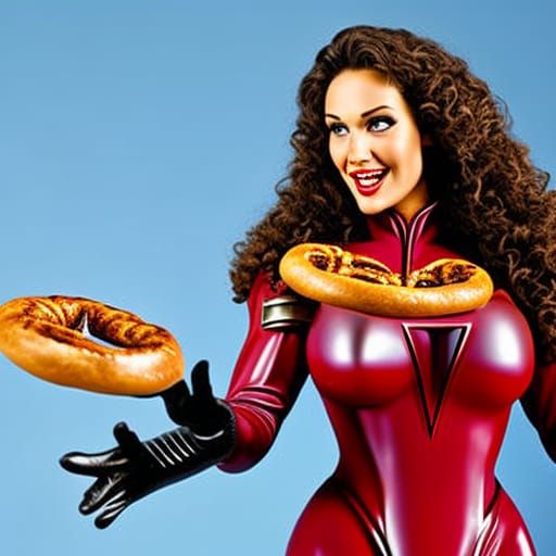 "Spiderwoman eating a Pretzel"