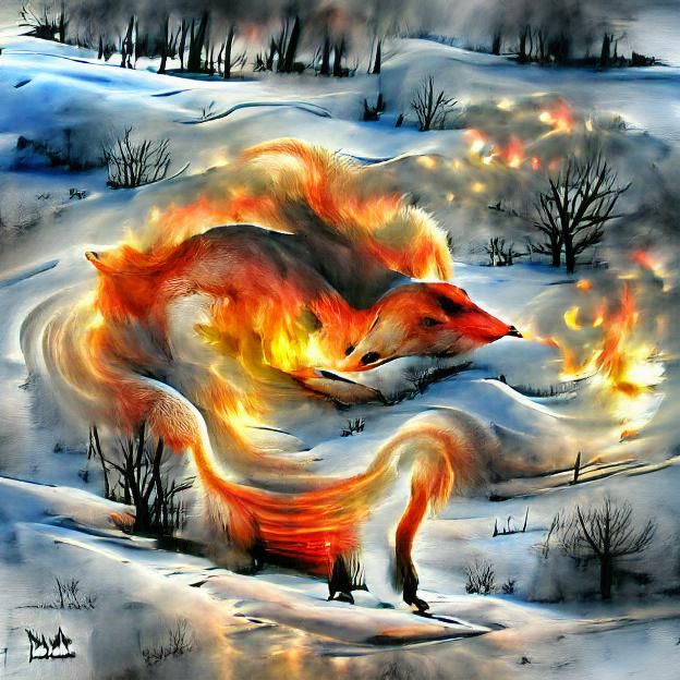 beautiful artwork fox on fire 
in winter
