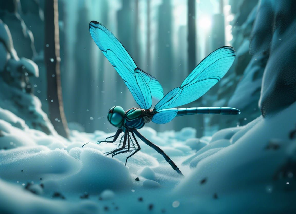 dragonfly in snowy forest