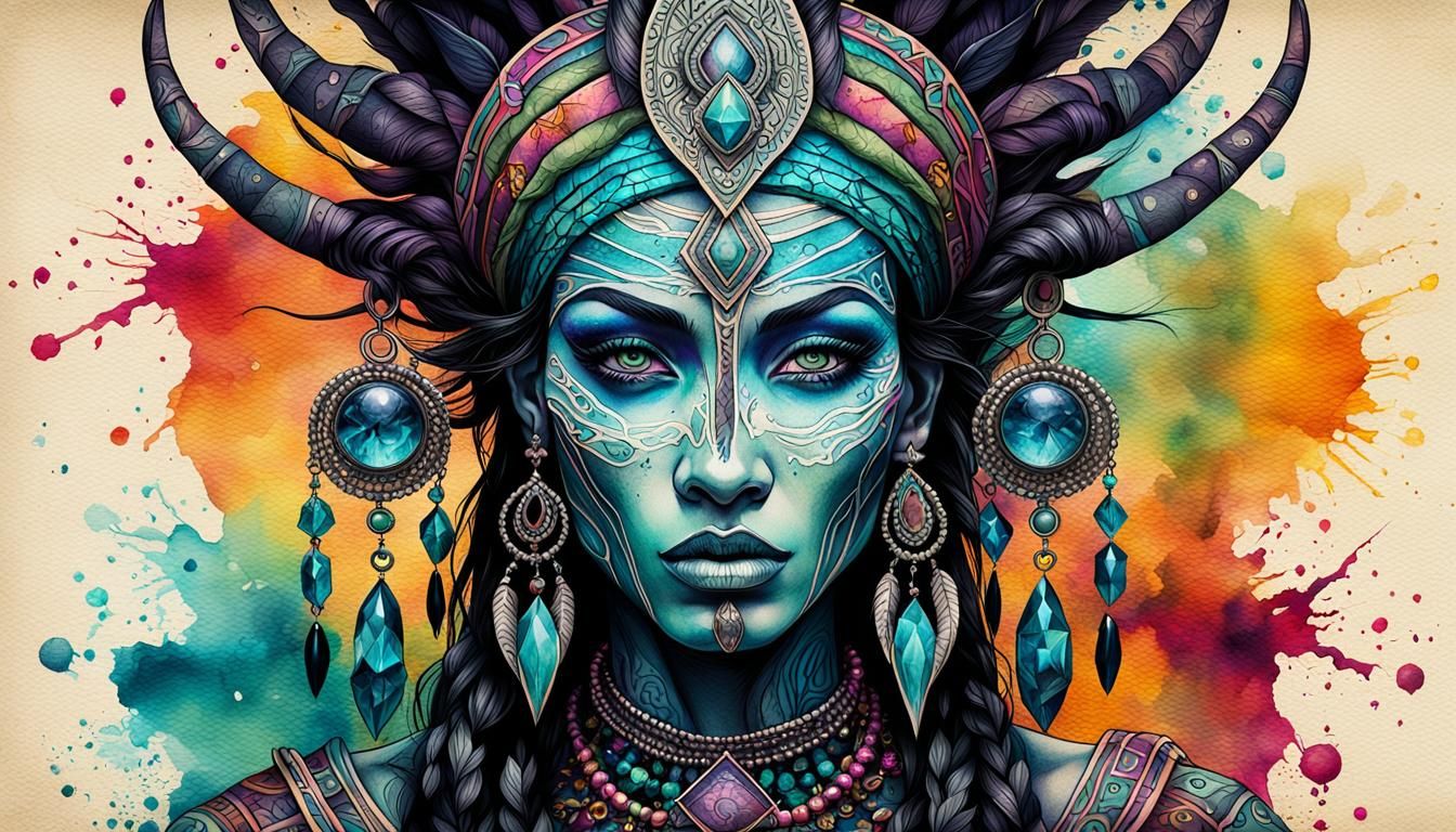Goddess Portrait with Tribal Tattoos in Dark Fantasy Style
