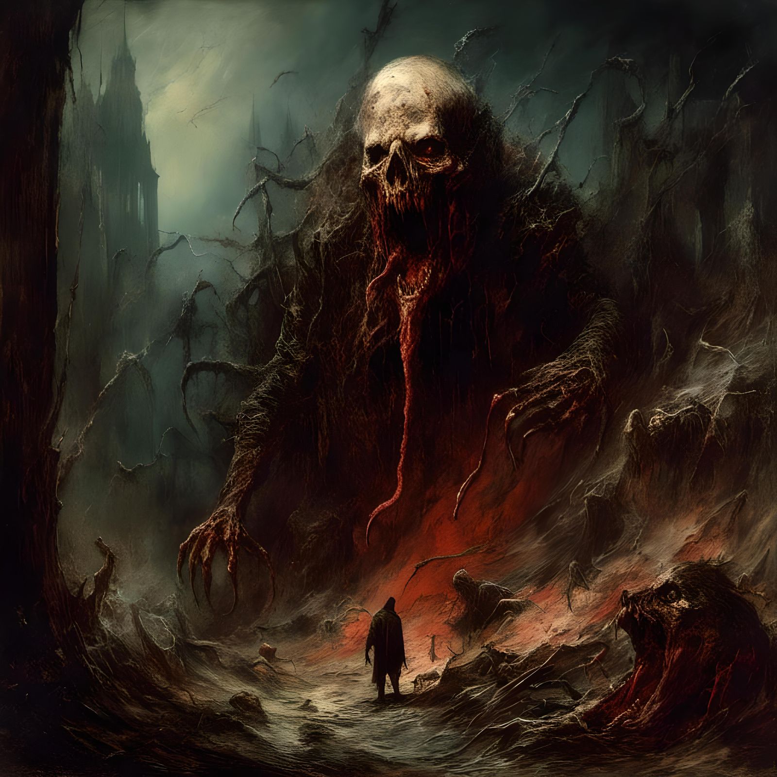 <lora:Macabre:1.0> a large worm crawling out of a large rott...
