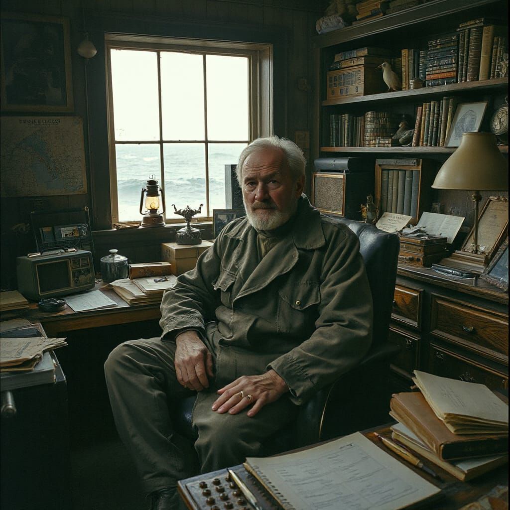 A weathered lighthouse keeper with a kind face sits in his cluttered office, surrounded by nautical charts, antique radios, and flickering g...