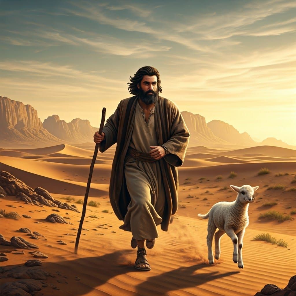 Young Shepherd Chases Lamb in the Desert Landscape