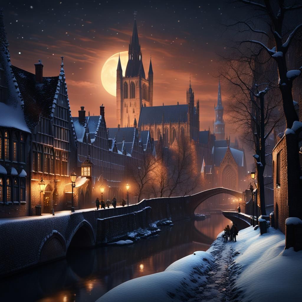 A picture of medieval Bruges at night in the winter, with pe...