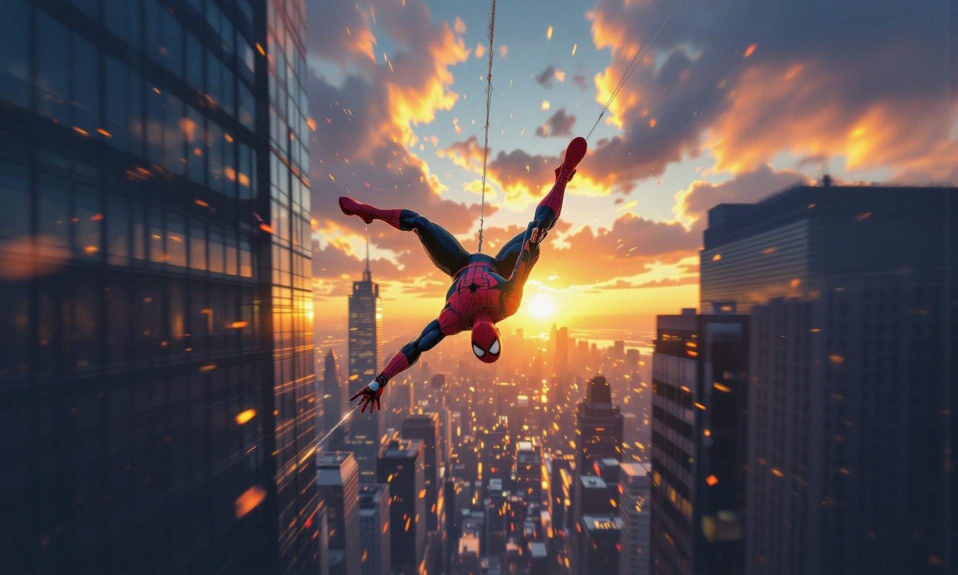 Ultra-detailed cinematic digital painting of Spider_Man, performing a dynamic free-fall dive pose between towering skyscrapers, high above a...