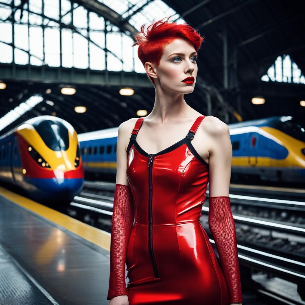 Saoirse Bamber, Irish fashion model, (edgy pixie cut red hair:1.3), wearing (red lipstick:1.4),(transparent bright red latex, thin shoulder...