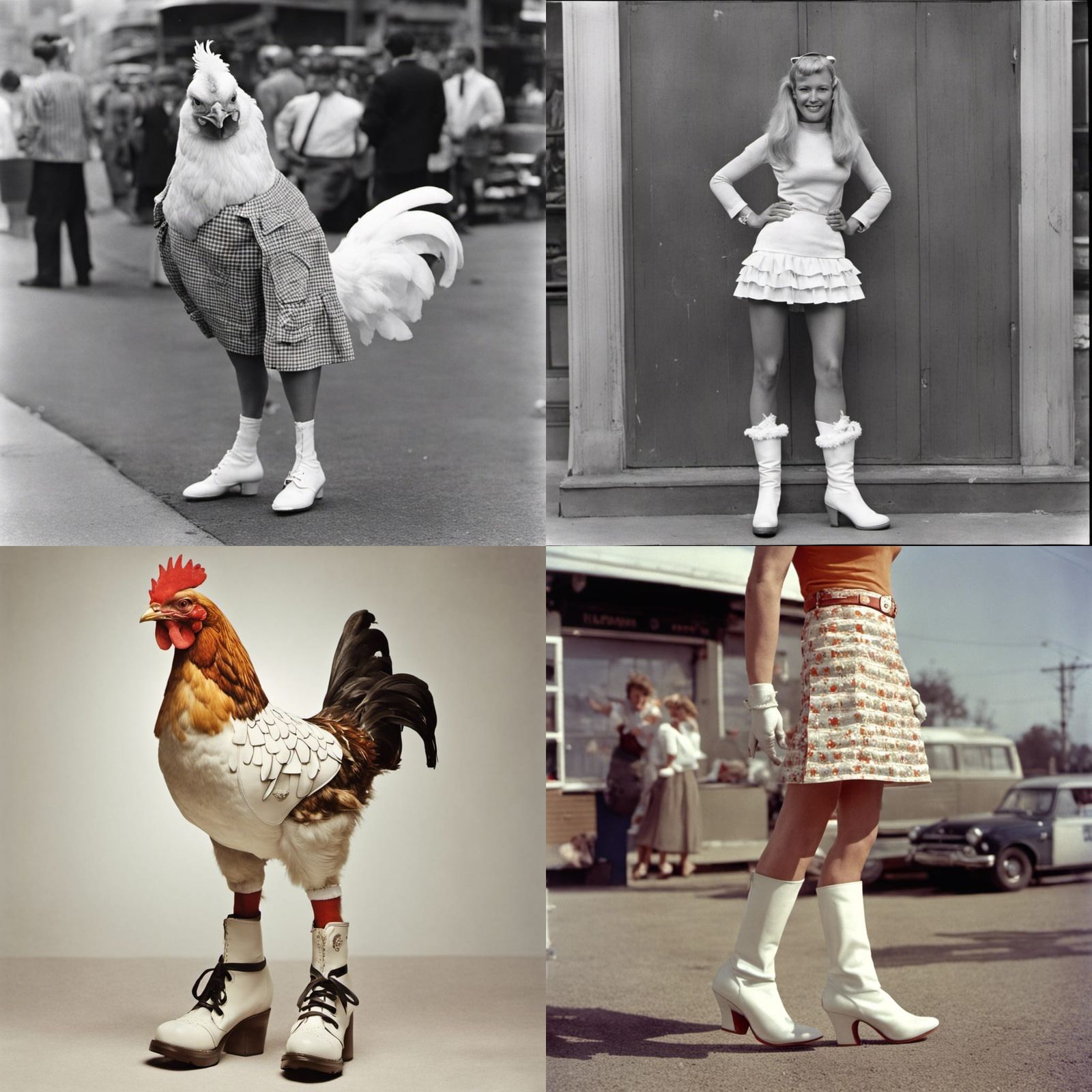 A chicken wearing a mini skirt and white go-go boots, 1960s ...