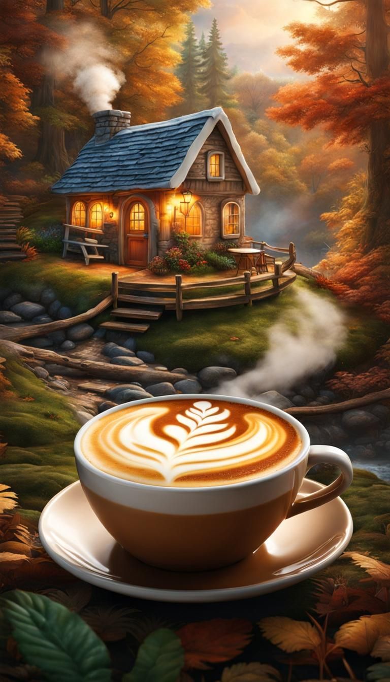 Latte Art: Cozy Cottage in Forest, Hyperrealistic Style