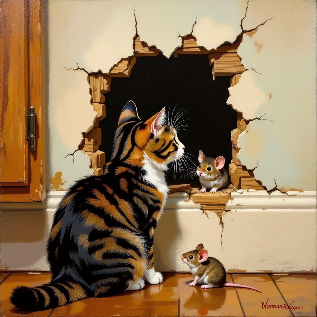 Oil painting of a cat waiting and watching for a mouse from a hole in the baseboard of a kitchen wall in a house.  The scene is influence by...